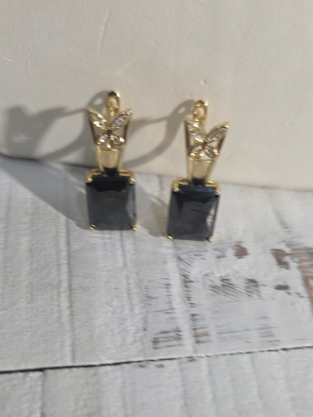 14k Gold Plated Butterfly Black Stone Drop Earrings